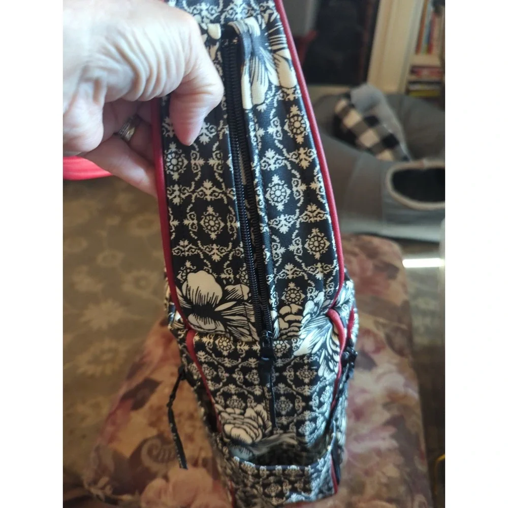 Petunia Pickle Bottom Diaper Bag Black Red Geometric Floral Design Thick Strap